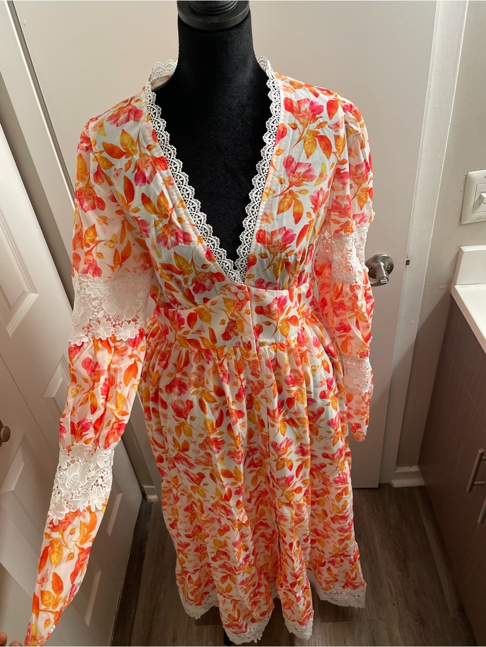 Floral Lace-Trim Long Sleeve Maxi Dress in Pink & Orange